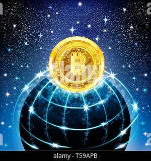Golden bit coin with Earth in space in starry sky blue background Stock Vector