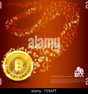 Golden bit coins and stars on red glossy background Stock Vector