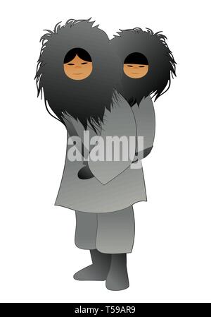 Eskimo mother with son behind her back, wearing fur clothes, isolated on white background Stock Vector