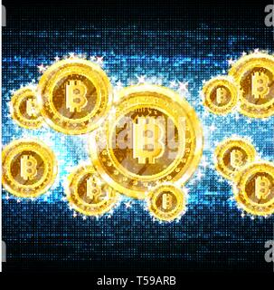 Golden bit coins flying on blue abstract noise background Stock Vector