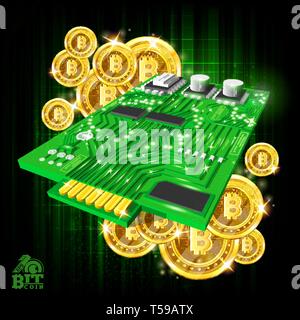 Golden bit coins with micro chip on green background Stock Vector