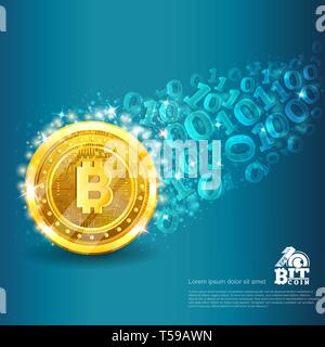 Golden bitcoin with trail from binary code on blue. Abstract vector glossy business background Stock Vector