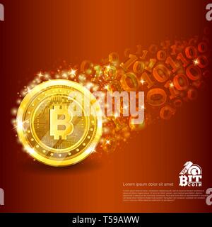 Golden bitcoin with trail from binary code on brown. Abstract vector glossy business background Stock Vector