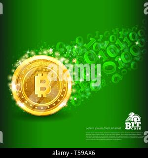 Golden bitcoin with trail from binary code on green. Abstract vector glossy business background Stock Vector