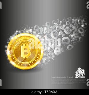 Golden bitcoin with trail from binary code on silver. Abstract vector glossy business background Stock Vector