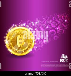 Golden bitcoin with trail from binary code on violet. Abstract vector glossy business background Stock Vector