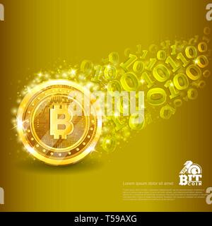 Golden bitcoin with trail from binary code on yellow. Abstract vector glossy business background Stock Vector