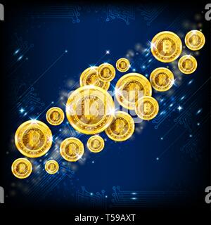Golden bitcoins flying on blue square background Stock Vector