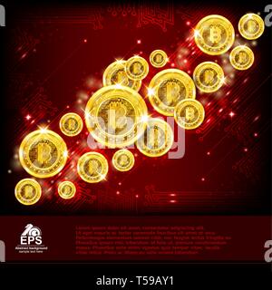 Golden bitcoins flying on red background. Abstract vector glossy red background Stock Vector