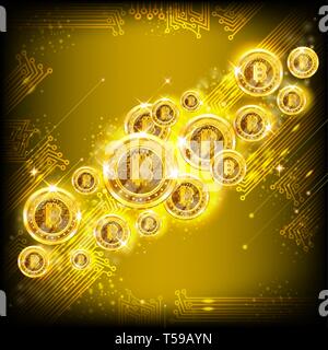Golden bitcoins flying on yellow square background Stock Vector