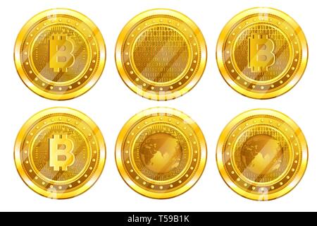 Set golden coin with bitcoin sign back and front side. Vector Illustration isolated on white background Stock Vector