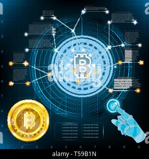Virtual high tech screen or graphic with golden bit coin in center. Business info graphic Stock Vector