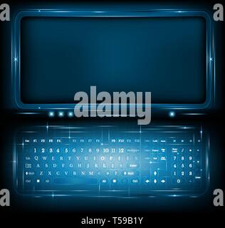 Virtual shiny computer or laptop on blue background Stock Vector