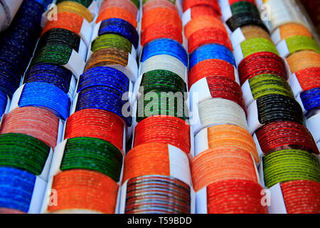 Cose-up view of bangles, the most popular ornament of the women of Bangladesh made of glass. Dhaka, Bangladesh. Stock Photo