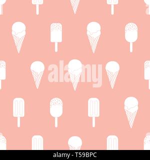 Vector Ice cream repeat seamless pattern. White ice creams on pink backgound Stock Vector