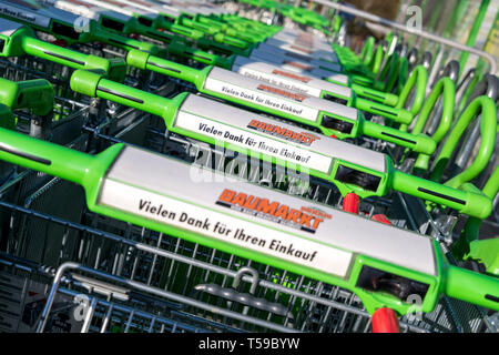 Globus Baumarkt shopping carts. Globus is a German retail chain of hypermarkets, DIY stores and electronics stores. Stock Photo