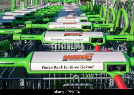 Globus Baumarkt shopping carts. Globus is a German retail chain of hypermarkets, DIY stores and electronics stores. Stock Photo