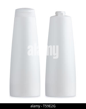Blank matte plastic white cosmetics bottle, closed and open, with cap and without, isolated on white background Stock Photo