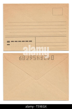 Blank old envelope, front and rear side, yellowed paper, isolated on white Stock Photo