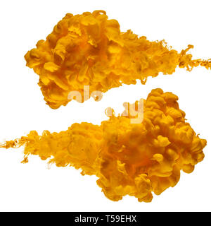 Yellow paint splashes in water isolated on white background Stock Photo