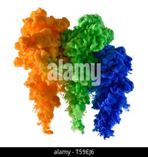 Paint colorful splashes in water, isolated on white Stock Photo