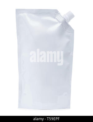 White plastic pouch stand up bag or doy-pack with a corner batcher lid. Isolated on a white background. Stock Photo