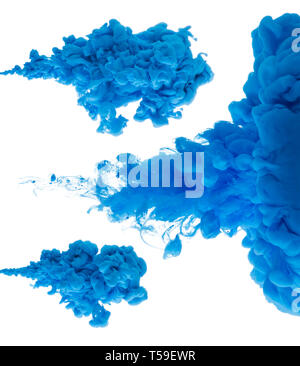 Set of blue ink clouds pouring in water isolated on white background Stock Photo