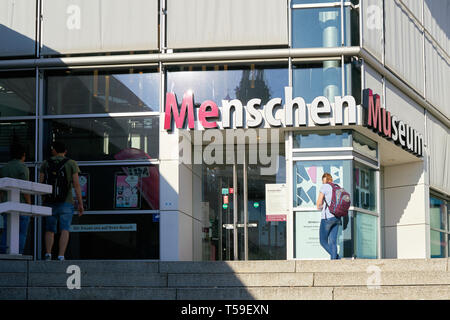 Entrance to the Menschen Museum by Gunther von Hagens in Berlin. The museum is very controversial because preserved dead people are exhibited in it. Stock Photo