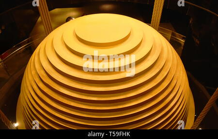 Taipel Taiwan March 31 ,2019: tuned mass damper on 90 floor in Taipei 101 tallest building for subsidence building in Taiwan Stock Photo