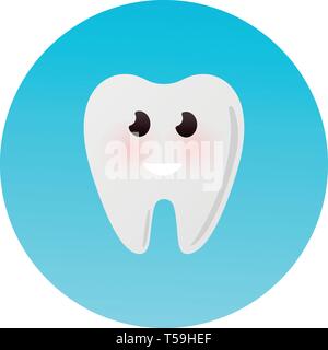 Cute healthy shiny cartoon tooth character, childrens dentistry concept vector Illustration. Happy tooth smiles on blue background Stock Vector