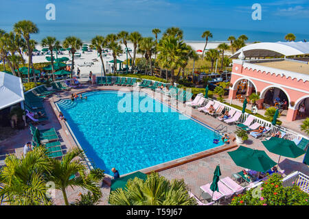 St. Pete Beach, Florida. January 25, 2019. Pool area view of The Don Cesar Hotel and St. Pete Beach .The Legendary Pink Palace of St. Pete Beach (1) Stock Photo