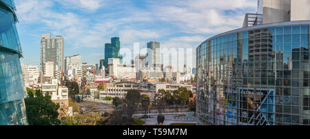 Panoramic view of the Roppongi district with tall office buildings and the TV Asahi headquarters. Tokyo, Japan. Stock Photo