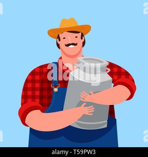 Happy farmer holding a big milk can. Dairy farm, cartoon vector illustration Stock Vector