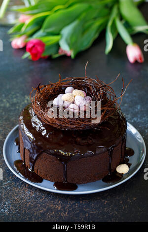 Chocolate Easter cake with mini eggs Stock Photo