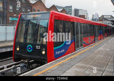 DLR Trains on platform at Stratford High Street, London, England, United Kingdom Stock Photo