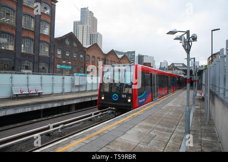 DLR Trains on platform at Stratford High Street, London, England, United Kingdom Stock Photo
