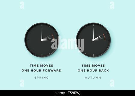 Daylight saving time. Set of clock time for Spring forward, Autumn back, Summer time Stock Vector