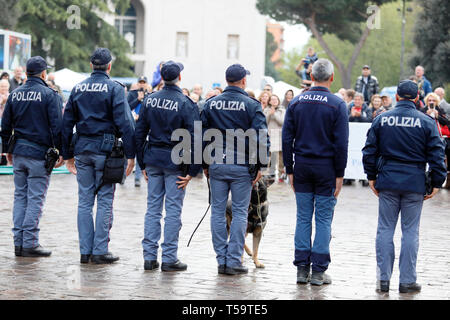 Rome, Italy - April 14, 2019: Piazza San Giovanni Bosco, policemen from the canine department, in front of the public, at the end of the demonstration Stock Photo