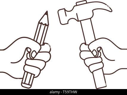 hand with pencil and hammer isolated icon Stock Vector
