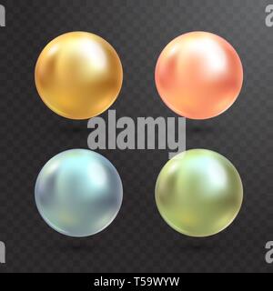 Realistic varicoloured pearls vector set on transparent background. Precious pearl in sphere form. Pearl is luxury glossy stone illustration Stock Vector