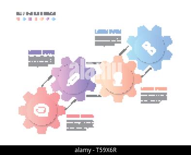 Vector infographic design UI template colorful gradient gear wheel labels and icons. Ideal for business concept presentation banner workflow layout an Stock Vector
