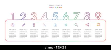 Vector infographic design UI template colorful gradient 9 number labels and icons. Ideal for business concept presentation banner workflow layout and  Stock Vector