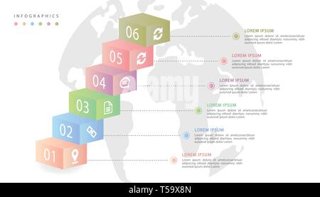 Vector isometric infographic design UI template colorful gradient labels and icons with earth map background. Ideal for business concept presentation  Stock Vector