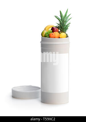 Swap  your pills to a fresh fruits. Concept of nature made vitamin supplement from natural tropical fruits Stock Photo