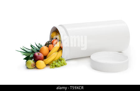 Swap  your pills to a fresh fruits. Concept of nature made vitamin supplement from natural tropical fruits Stock Photo