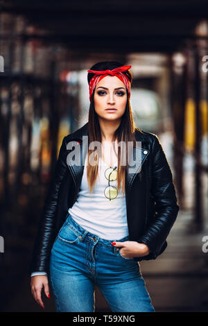 Authentic smiling young beautiful girl in fashionable clothes. Hipster style.  Woman in sunglasses, black cap and leather jacket. Real people emotions.  photo – Leather Image on Unsplash