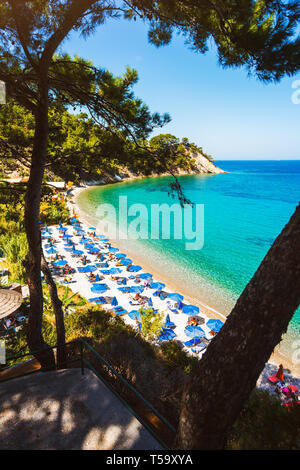 Samos island, Greece - September 12, 2017: Beautiful Lemonakia  beach, tourists enjoying a nice summer day on Samos Island in Greece Stock Photo