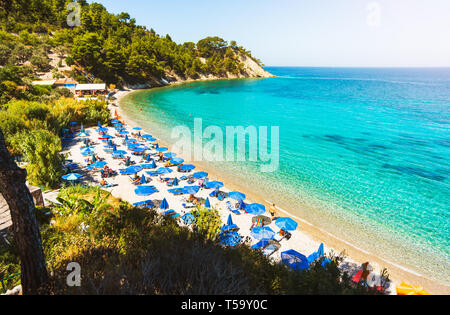 Samos island, Greece - September 12, 2017: Beautiful Lemonakia  beach, tourists enjoying a nice summer day on Samos Island in Greece Stock Photo