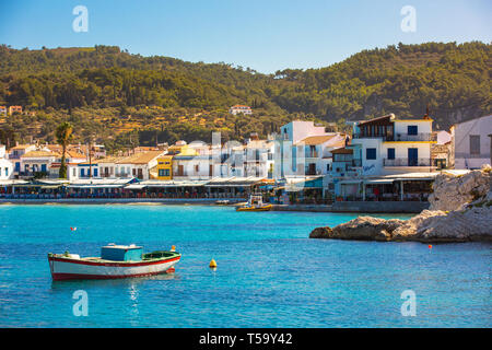 Samos island, Greece - September 12, 2017: Beautiful Kokkari village, traditional houses and fishing boats on Samos Island in Greece Stock Photo