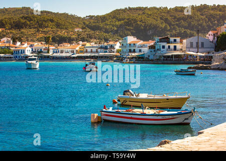 Samos island, Greece - September 12, 2017: Beautiful Kokkari village, traditional houses and fishing boats on Samos Island in Greece Stock Photo